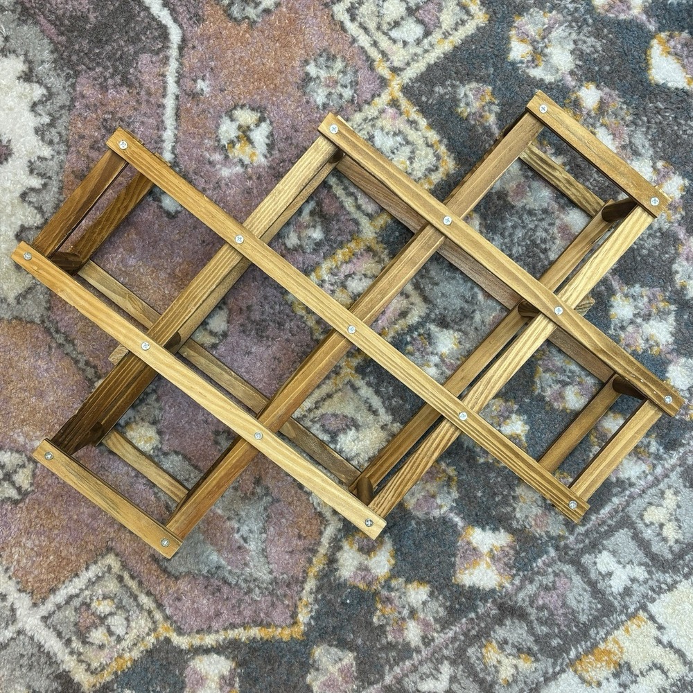 Vintage Wooden Folding Accordion Wine Rack Mid Century Modern Expandable Holds 8